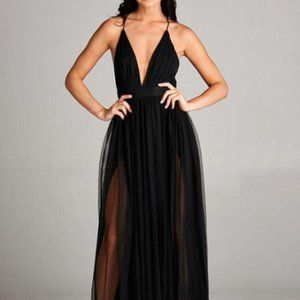 HONEY Double Slit Tulle Maxi Dress